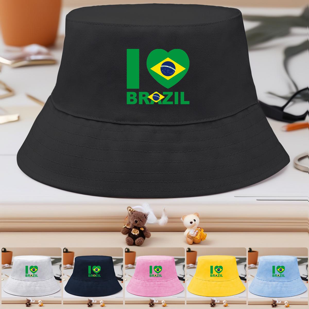 

Flag of Brazil Print Bucket Hat , Patriotic Fisherman Cap Solid Color Unisex Candy Color Beach Hat as the picture білий