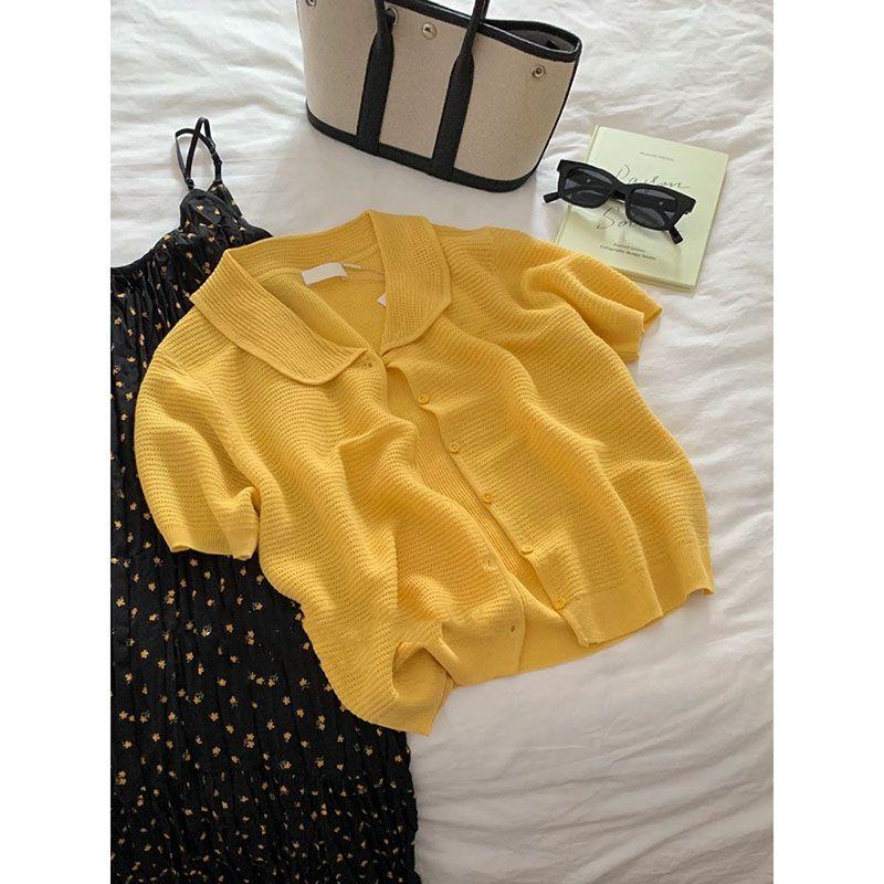 

Я чувствую Рев и Наблюдаю! Прохладный льняной кардиган с лацканами и короткими рукавами, женственный короткий топ-рубашка для малышей Yellow S