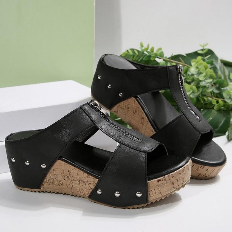 Large size wedge slippers women's summer new rivet front zipper slippers women's sandals