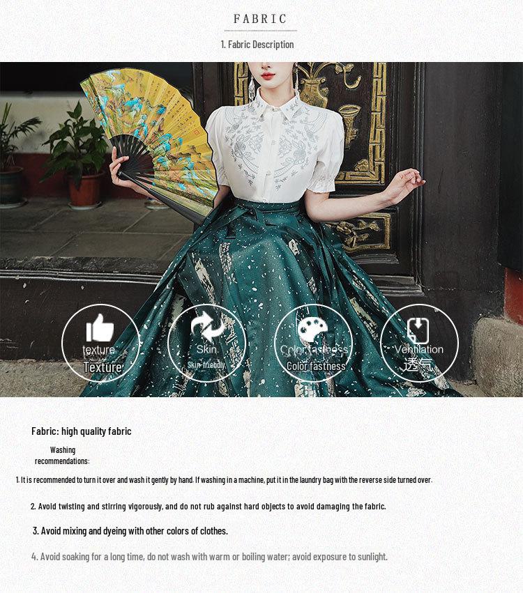 Chinese Style Embroidered Hanfu: Short-Sleeved Top & Gradient Dark Green Horse-Face Skirt Set