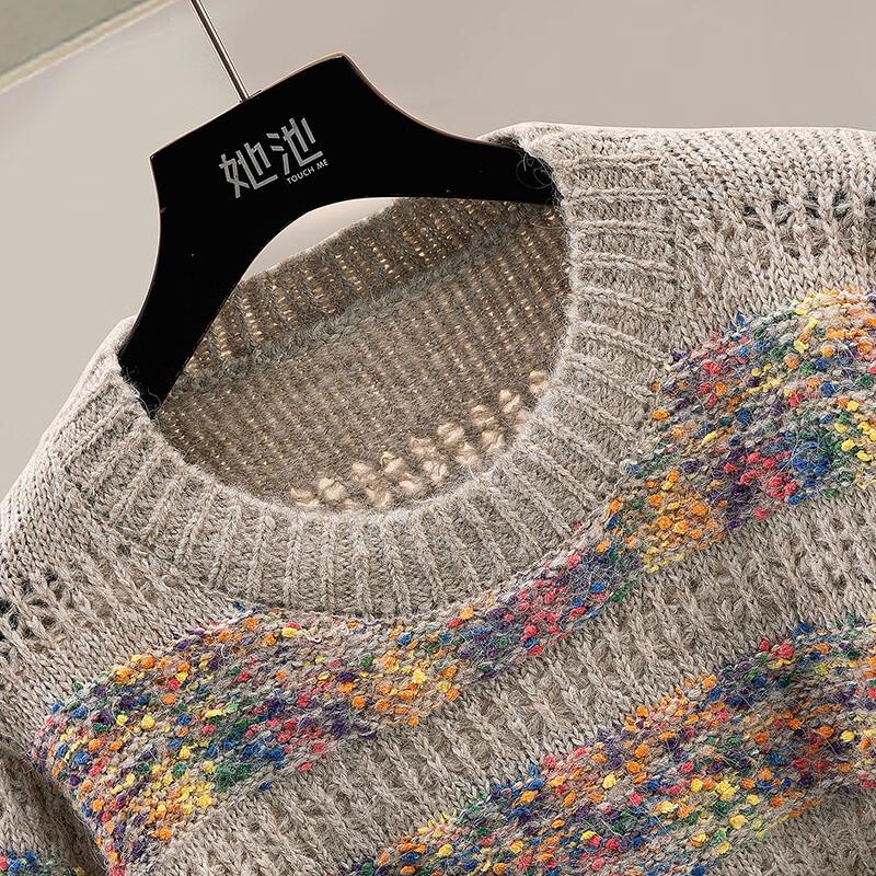 Women's Striped Wool Blend Round Neck Hollow Knit Sweater