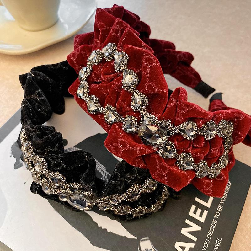 Vintage Velvet Diamond Folded Bow Headband Sweet Headband Internet Celebrity Personality Hair Accessories Women