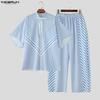 INCERUN 2 Stück Sommer Herren Kurzarm Gestreifte Nähte Hemden und Lange Hosen Übergroße Outfits Sets