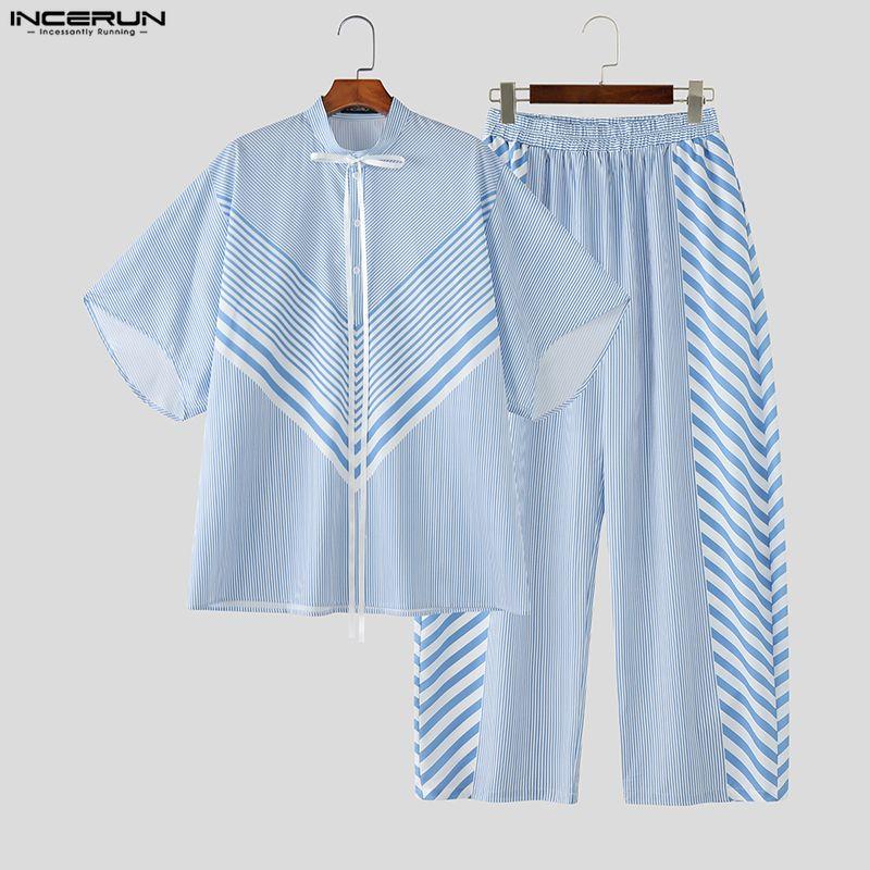 INCERUN 2 Stück Sommer Herren Kurzarm Gestreifte Nähte Hemden und Lange Hosen Übergroße Outfits Sets