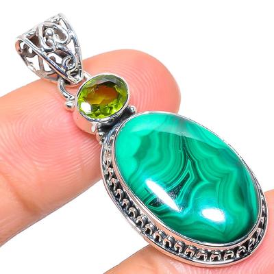 Natural Malachite, Peridot Gemstone 925 Solid Sterling Silver Pendant 1.81" L9f77