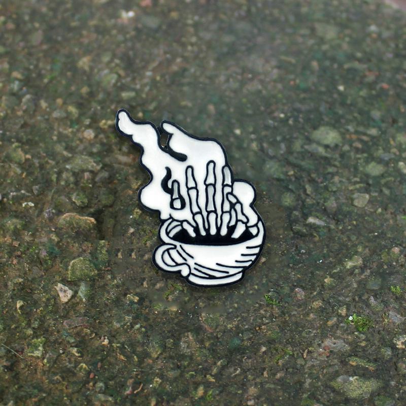Skull Hand Coffee Cup Brooch: Trendy Punk Design
