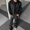 Mens Black PU Leather Jacket Short Fit Fall American Style Streetwear