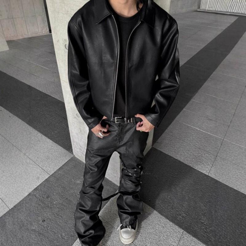 Mens Black PU Leather Jacket Short Fit Fall American Style Streetwear