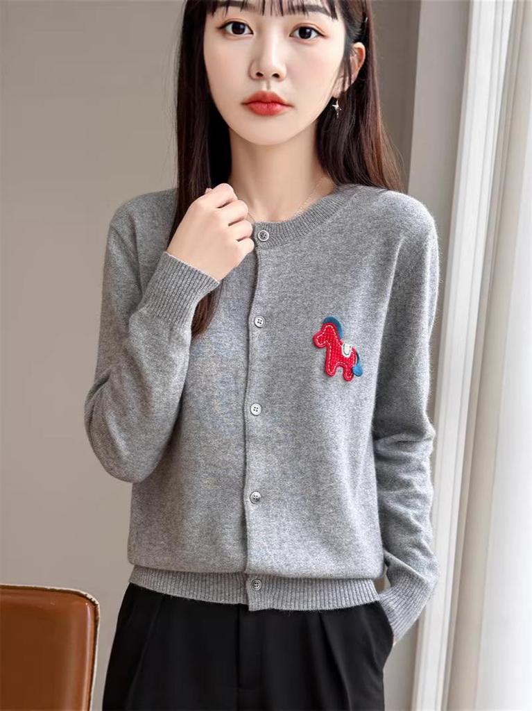 Andy's Women's Cartoon Pony Embroidered Knit Cardigan - Round Neck, Long-Sleeved, Autumn Winter Sweater