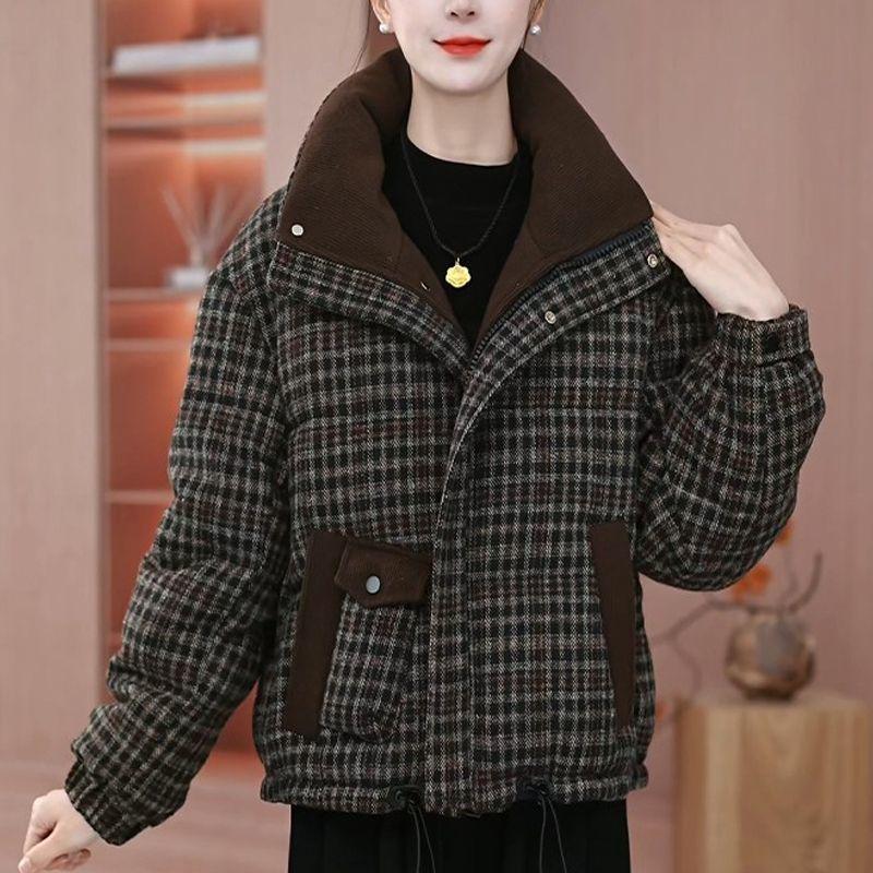 Thickened Warm Winter Plaid Cotton Jacket for Women Loose Casual Slimming Versatile Basic Outerwear Padded Coat