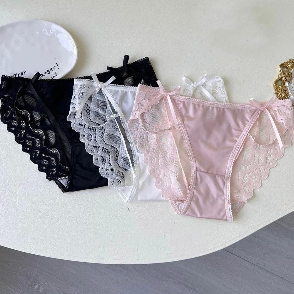 Bow Satin Silk Briefs Transparent Lace Mesh Briefs Thin Women Underwear Gifts