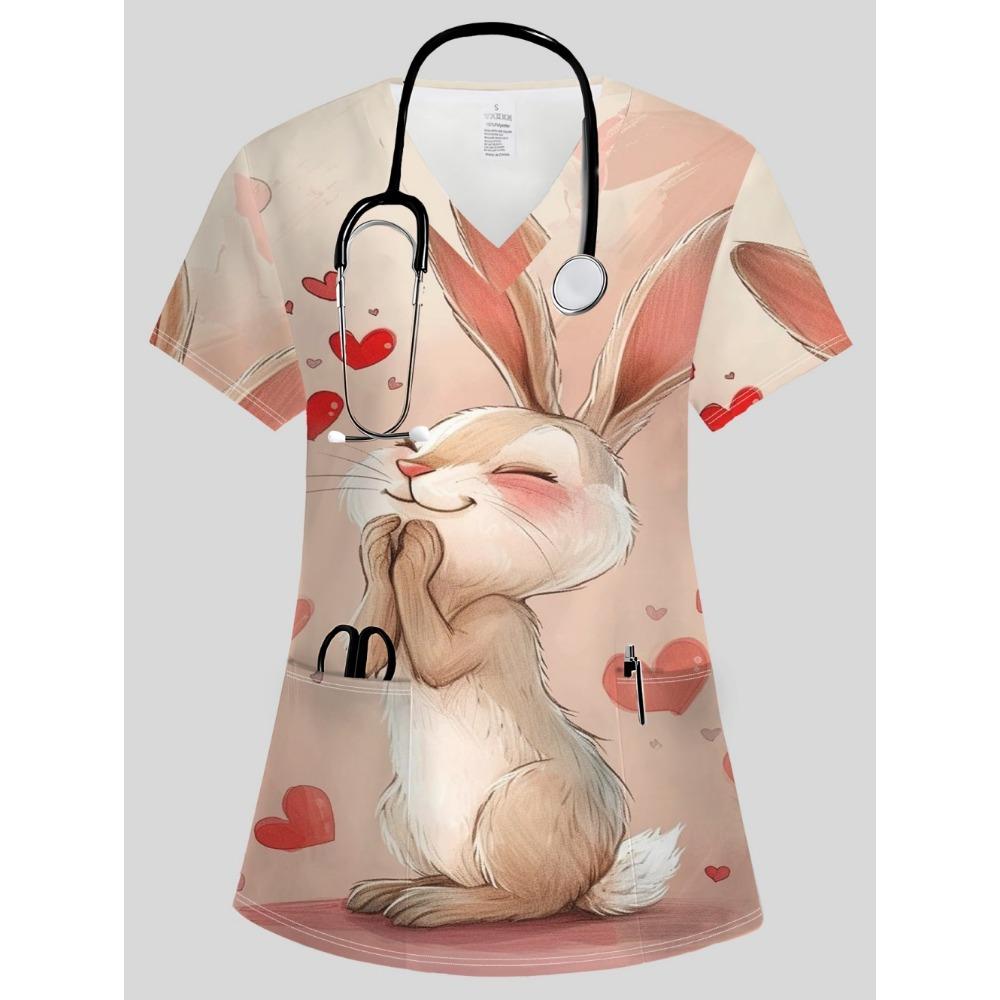 Clinical Uniform Woman Vet Easter Themed Print Top Summer Elegant V-Neck Short Sleeve with Pockets Dentist Scrubs Uniform Woman