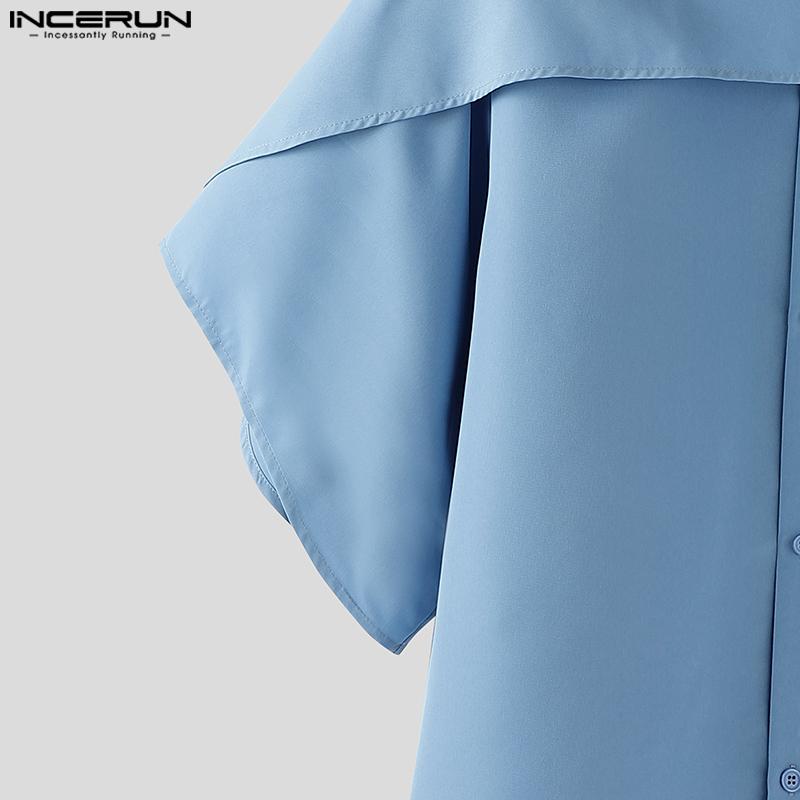 INCERUN Men Lapel Collar Short Sleeve Irregular Layers Patchwork Casual Cape Shirts