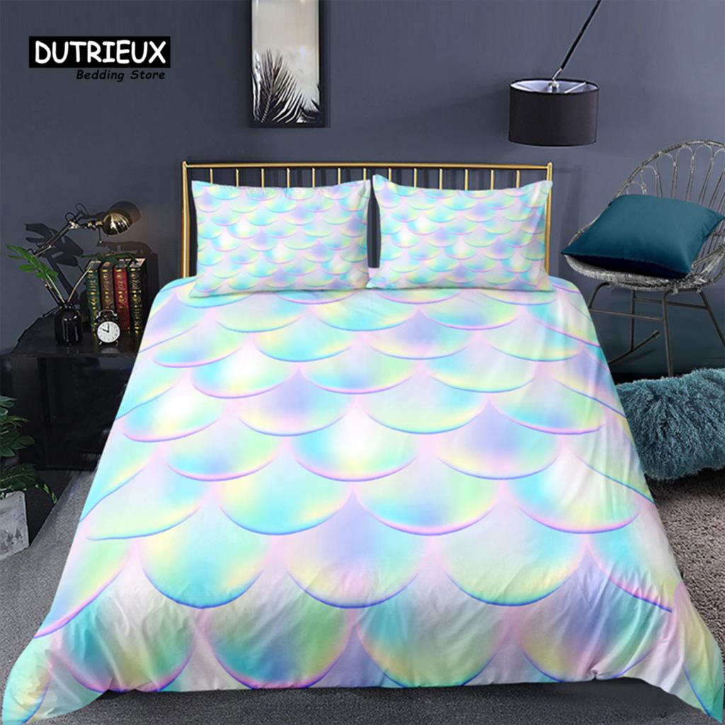 Mermaid Fish Scales Duvet Cover Magical Colorful Seamless Pattern With Fish Scale Net Print Bedding Set Microfiber Quilt Cover