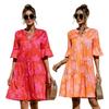 Women's Summer Mini Dress Puff Short Sleeve V Neck Pleated Dress Boho