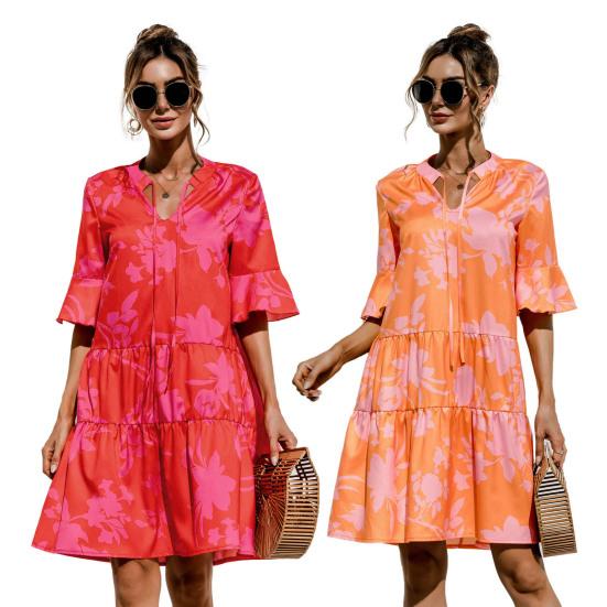 Women's Summer Mini Dress Puff Short Sleeve V Neck Pleated Dress Boho