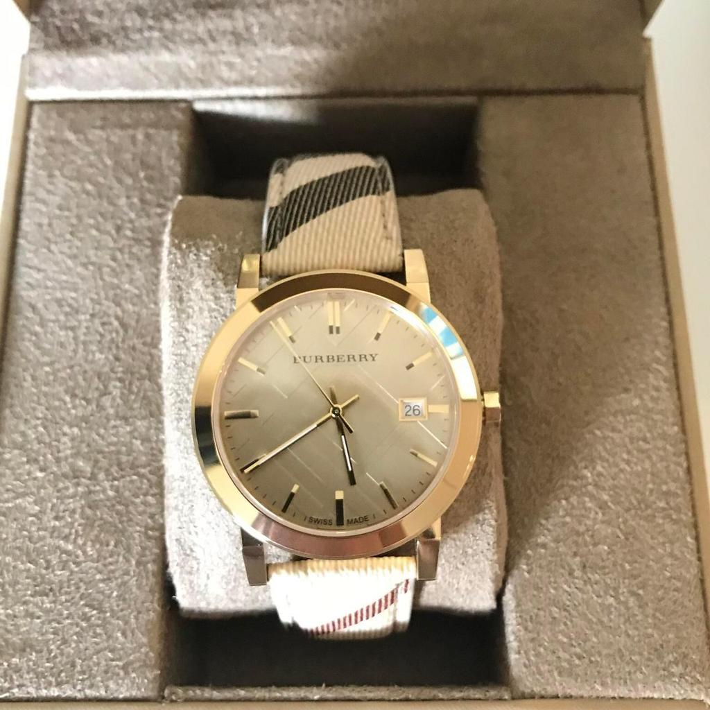 Burberry The City Gold Dial Haymarket Brown Leather Strap Watch for Women BU9026
