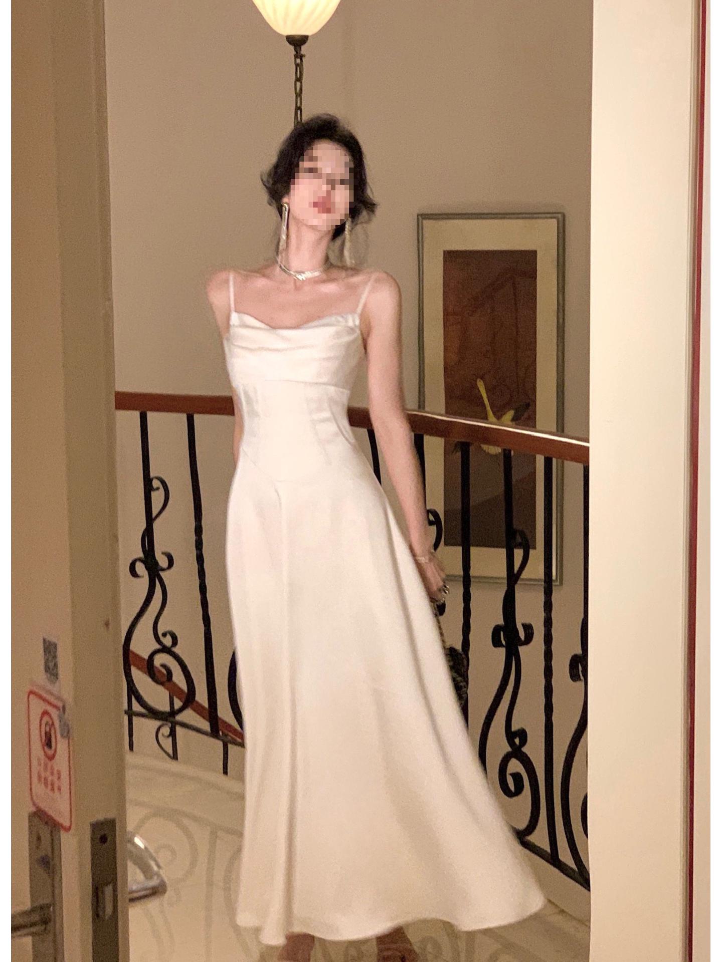 

Siren Satin Slimming White Spaghetti Strap Dress with Waisted-Cinch 2025 Collection XS (Recommended for waist 60cm and below)