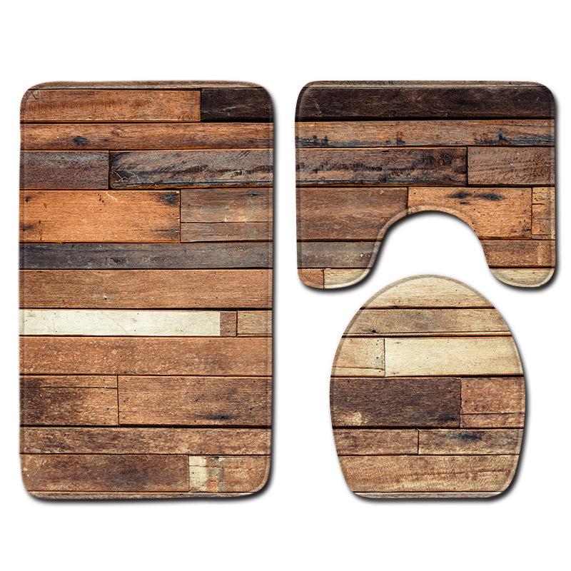 Wood Grain Board Texture Toilet Carpet Set Bathroom Non-Slip Floor Mat Doormat