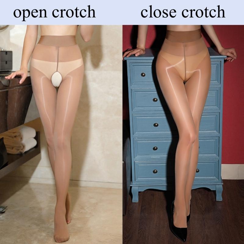8D Ultra Thin Transparent Stockings Vintage Oil Glossy High Waist Nylon Pantyhose Women Sexy One Line Open Crotch Tights