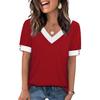 Women's V Neck Color Block Short Sleeve T Shirt Button Decor Casual Summer Tee