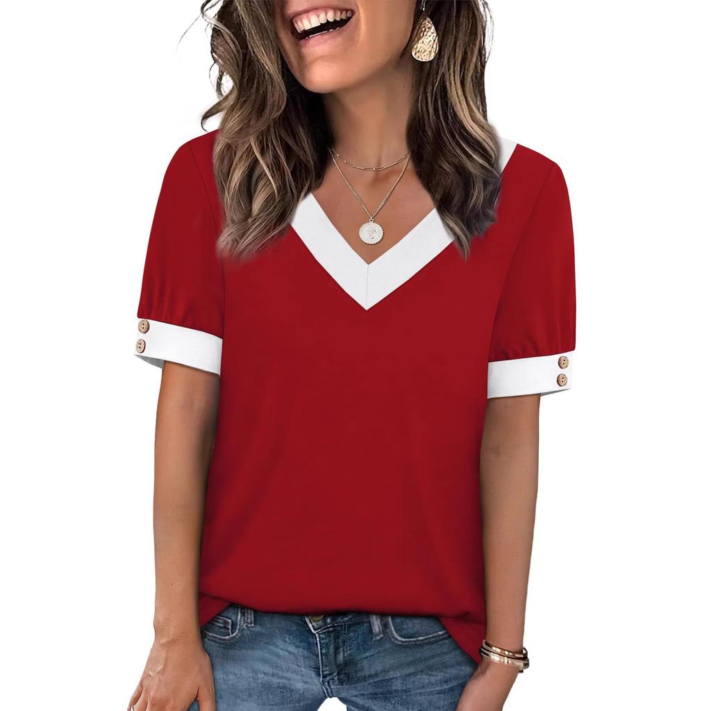 Women's V Neck Color Block Short Sleeve T Shirt Button Decor Casual Summer Tee