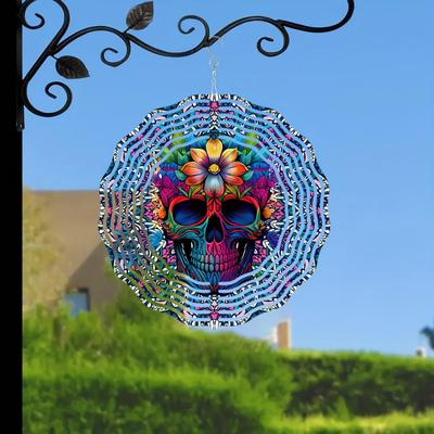 10-Inch 2D Skull Wind Spinner - Colorful Laser-Cut Metal Art Decor with 360° Rotation, Floral & Geometric Designs - Unique Indoor/Outdoor Garden