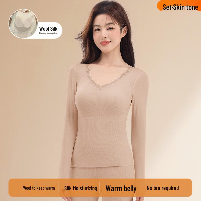 Women's Thermal Underwear Set with Padded Top, Fleece-Lined for Fall/Winter, Wool-Silk Blend