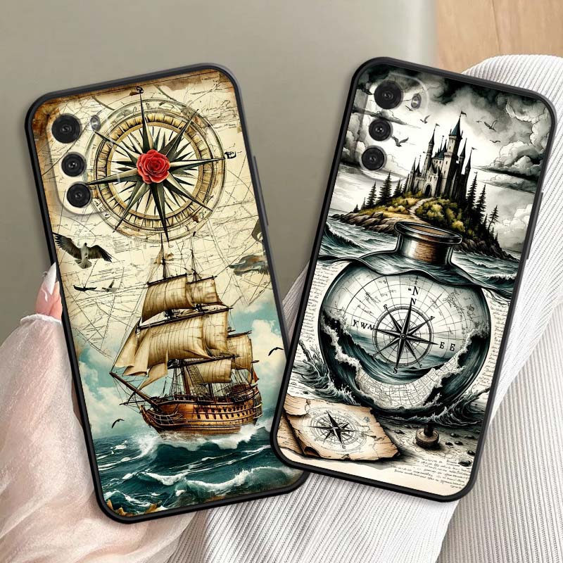 Vintage Compass Illustration Phone Case For Motorola G85 Edge 50 G24 G35 G14 G04 40 G72 G34 G G54 G13 G32 5G Black