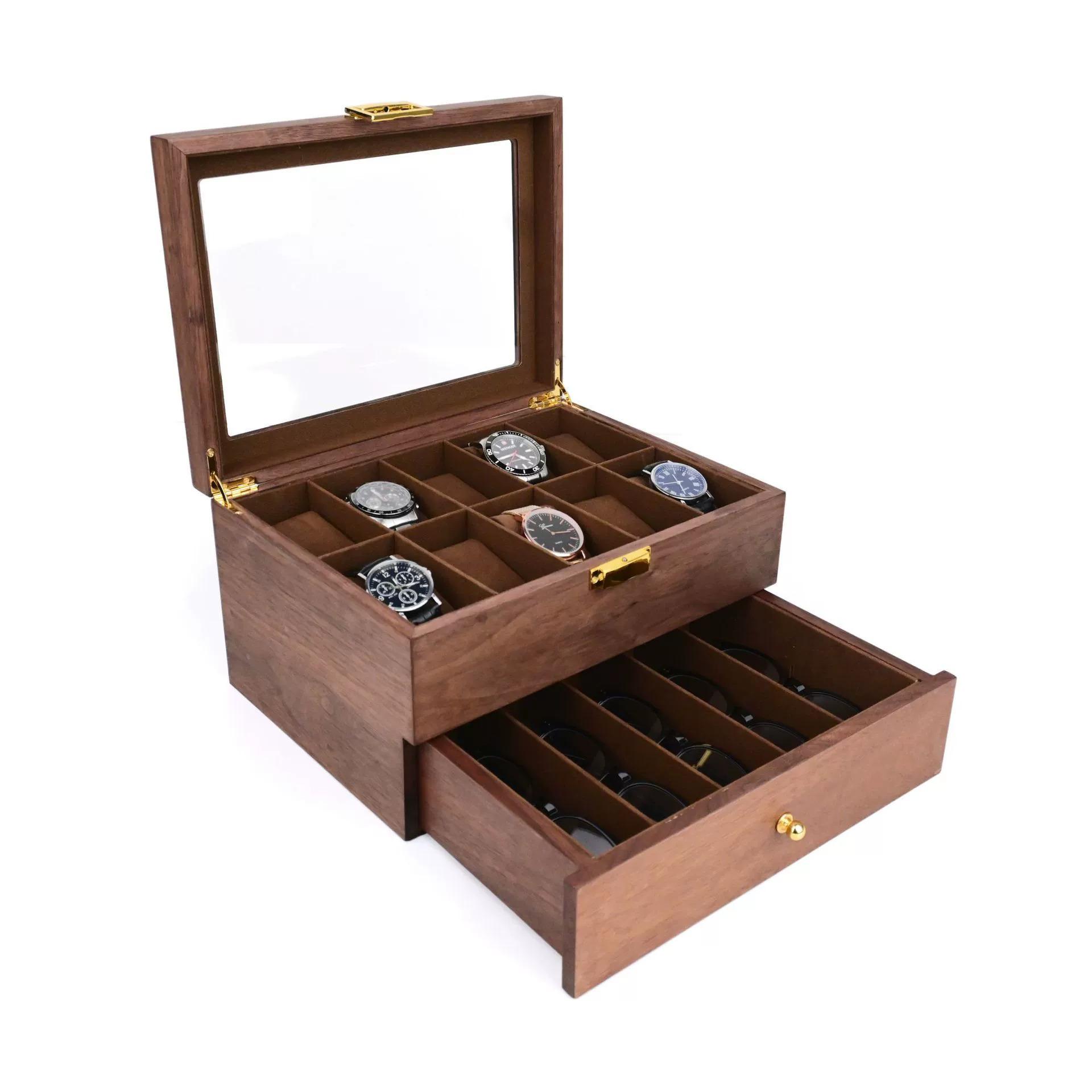 

10+5 Double Layer Black Walnut Watch Glasses Case 12 Grids Sunglasses Storage Box 8 Eyewear Display Holder Organizer for Eyeglas