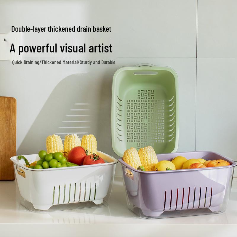 Double-Layer Transparent Large-Capacity Fruit & Vegetable Drainer Basket - Dustproof for Kitchen & Home