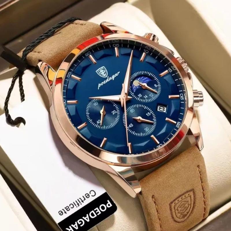 POEDAGAR Luxury Man Wristwatch Sports Leather Quartz Watch Waterproof Luminous Calendar Chronograph Watches Male Clock