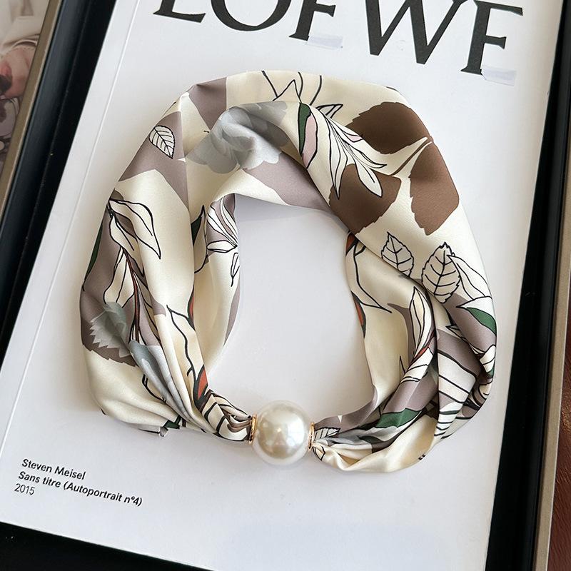 Simple magnetic buckle pearl long silk scarf women's spring and autumn scarf summer printing decorative scarf versatile thin neck protector
