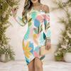 Women Plus Size Cold Shoulder Chain Strap Long Sleeve Printed Asymmetric Hem Bodycon Dress