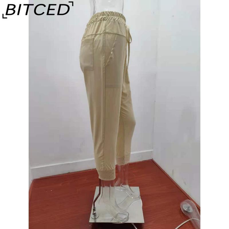 BITCED Summer Women Loose Plus Size Solid Color Simple Lace Up Slim Casual Nine Point Slimming Trousers