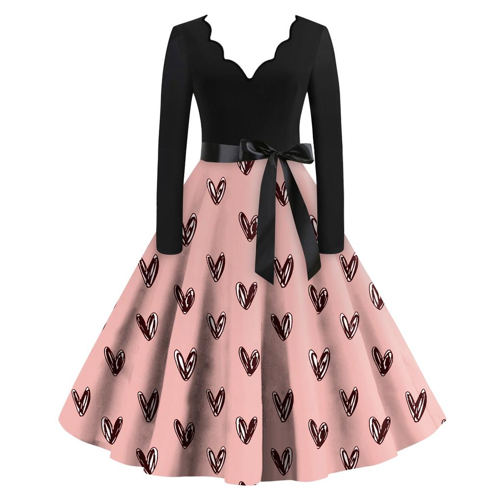 Women's Casual Fashion V-neck Long Sleeved Retro Love Print Retro Dress
