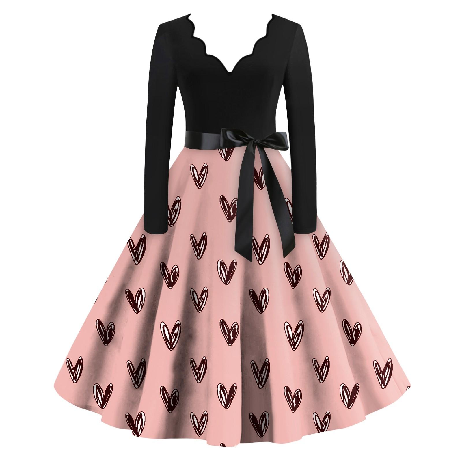 Women s Casual Fashion V-neck Long Sleeved Retro Love Print Retro Dress L