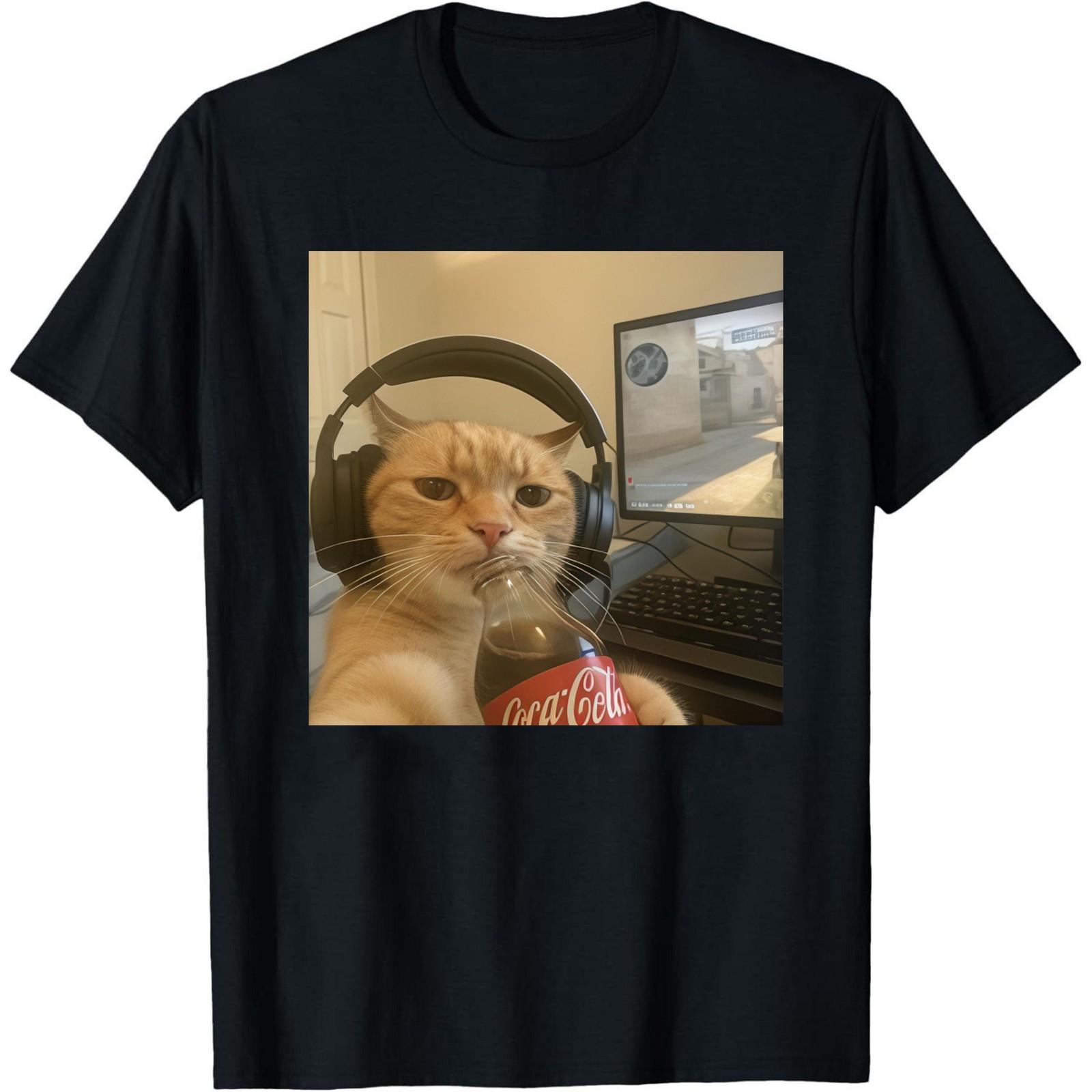 Chill Cat Meme Graphic T-Shirt - Unisex Lazy Vibe Headphone and Cola Print Tee S разноцветный