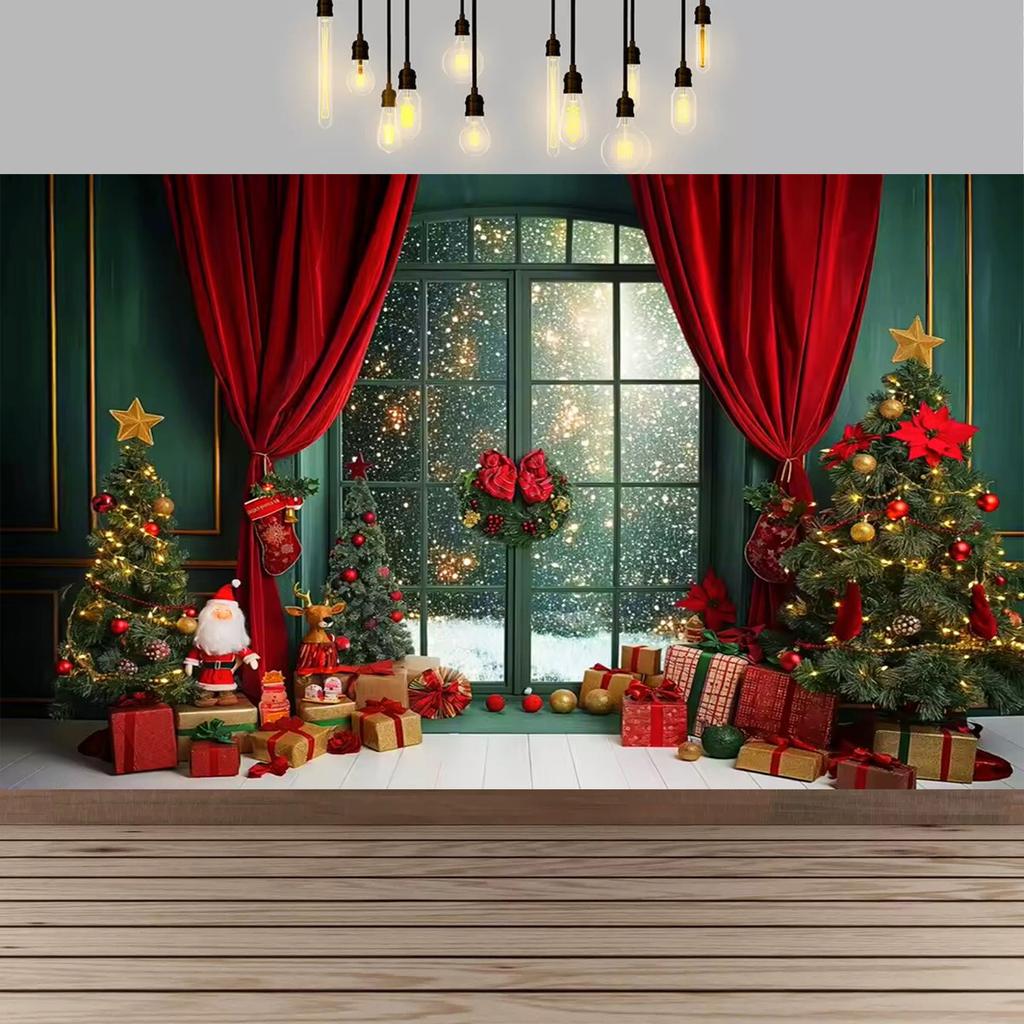 Christmas Red Curtain Decoration Backdrop Winter Snow Scenery Fireplace Santa Claus Photography Backdrop Holiday Party Supplies