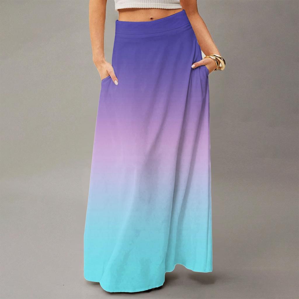Damska codzienna rekreacyjna składana spódnica maxi z wysokim stanem, z kieszenią, drapowana, o swobodnym kroju, długa, z gradientowym nadrukiem