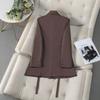 Womens Slim Fit Double-Breasted Blazer With Waist Ties Classic Notched Lapel Brown Wool-Blend Office Jacket 2026