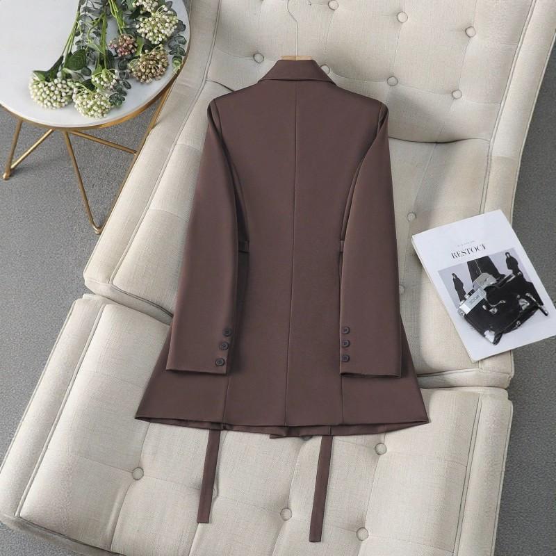 Womens Slim Fit Double-Breasted Blazer With Waist Ties Classic Notched Lapel Brown Wool-Blend Office Jacket 2026