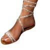 Fashion 2025 Summer New Ankle-wrap Women's Round Toe Sandals Crystal Narrow Band Fashion Plus Size Buckle Strap Low Heel Dress Sandals