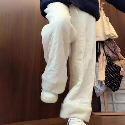 Women Cotton Pants Elastic High Waist Solid Color Wide Leg Causal Trousers with Pockets Thickened Plush Lining Winter Pants