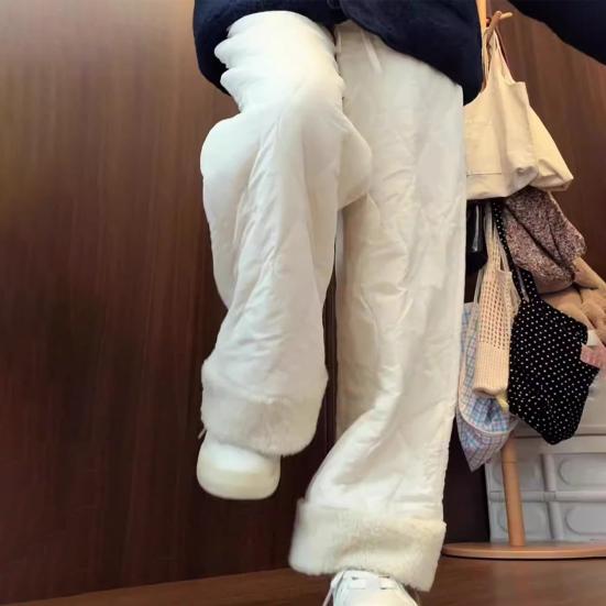 Women Cotton Pants Elastic High Waist Solid Color Wide Leg Causal Trousers with Pockets
