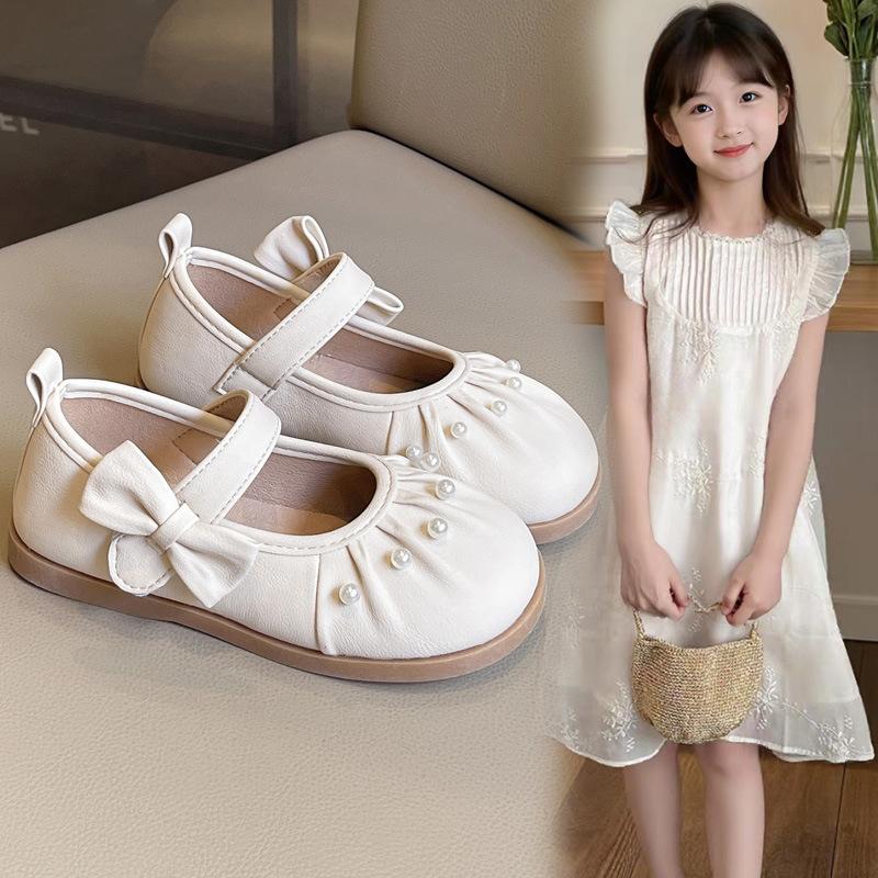 Girls leather shoes 2025 new spring and autumn foreign style girls bow soft sole princess shoes children's fashion pearl single shoes