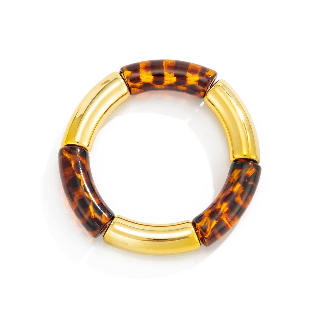 Retro Smudged Resin Bamboo Elastic Bracelet, Fashionable Metal Elbow Leopard Print Bracelet Bracelet.