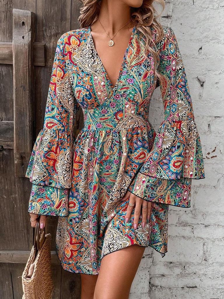 Elegant Floral Print V Neck Long Sleeve Midi Dress For Office Wear