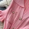 Summer Autumn Pink Button-Down Short Sleeve Short Knit Dress for Women Elegant Turn Down Collar Single-breasted Ruffles Slim Sweater Dresses