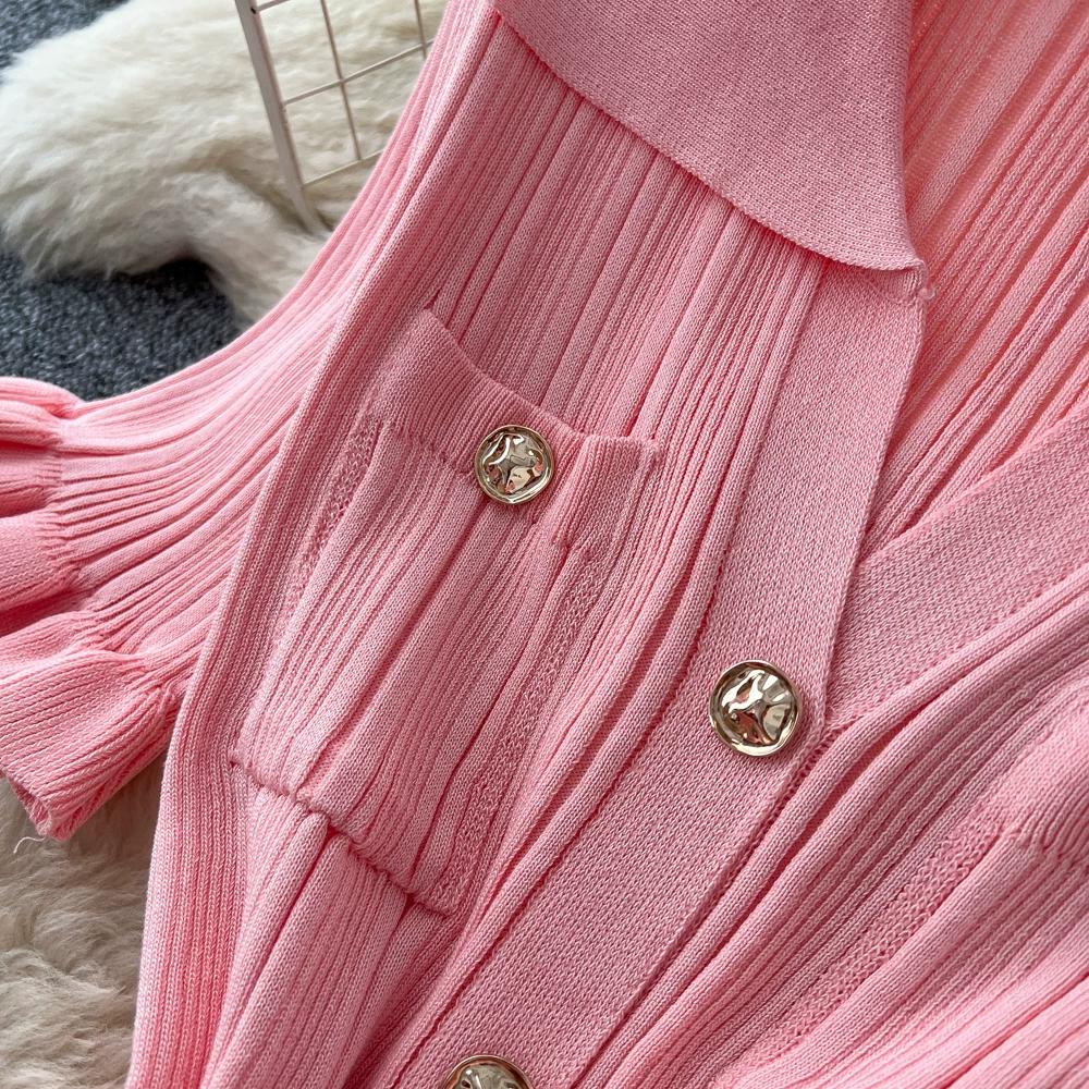 Summer Autumn Pink Button-Down Short Sleeve Short Knit Dress for Women Elegant Turn Down Collar Single-breasted Ruffles Slim Sweater Dresses